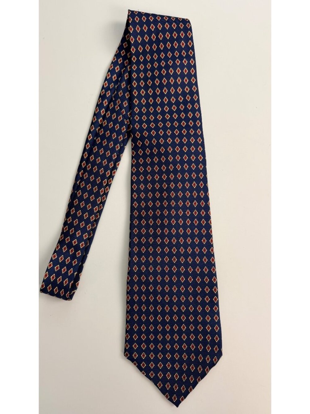 Cromley & Finch Navy Blue Silk Tie With Red & Yellow Diamond Print Handmade